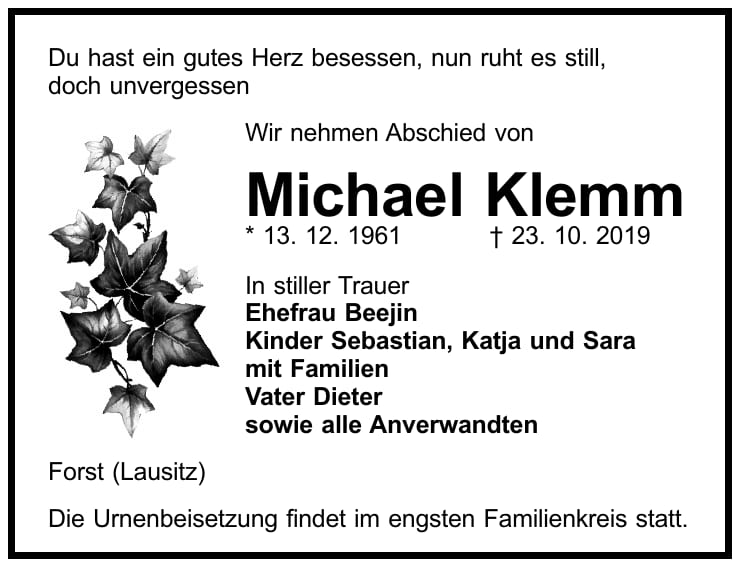Traueranzeige Michael Klemm