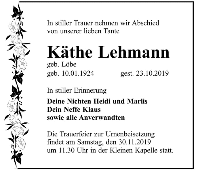 Traueranzeige Käthe Lehmann, geb. Löbe