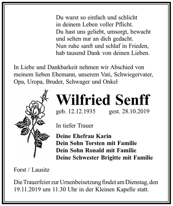 Traueranzeige Wilfried Senff