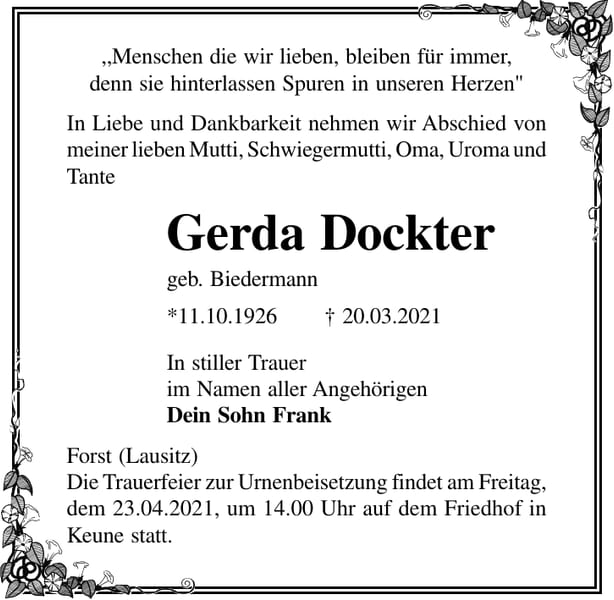 Traueranzeige Gerda Dockter, geb. Biedermann