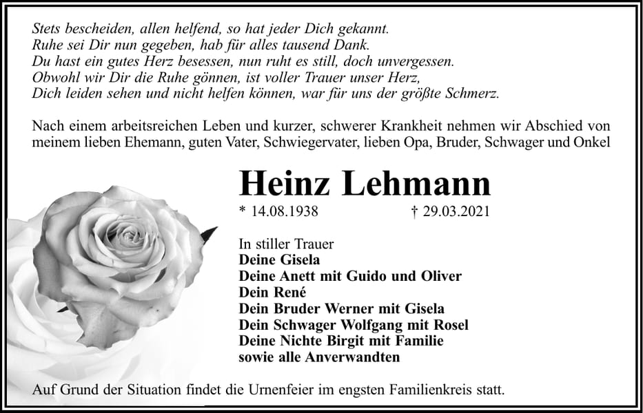 Traueranzeige Heinz Lehmann