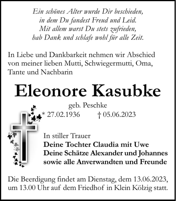 Traueranzeige Eleonore Kasubke, geb. Peschke