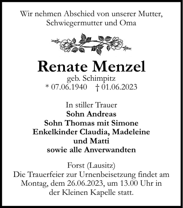 Traueranzeige Renate Menzel, geb. Schimpitz