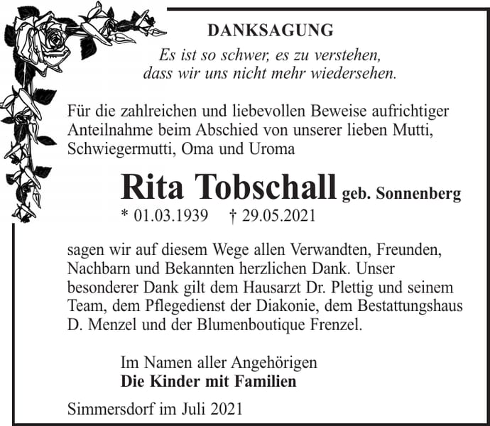 Danksagung Rita Tobschall, geb. Sonnenberg