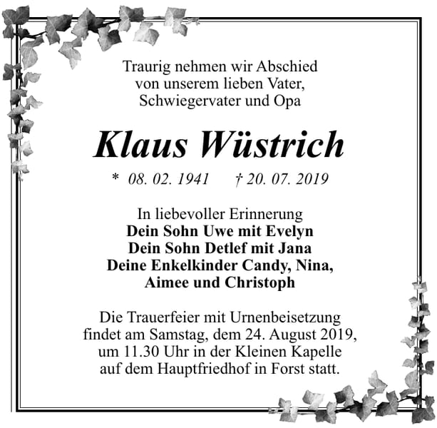 Traueranzeige Klaus Wüstrich