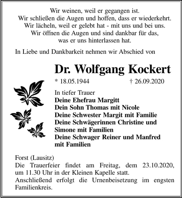Traueranzeige Dr. Wolfgang Kockert