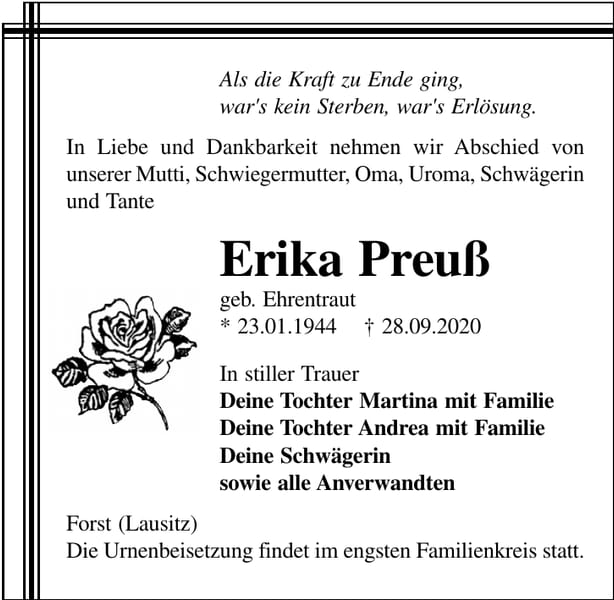 Traueranzeige Erika Preuß, geb. Ehrentraut
