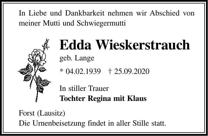 Traueranzeige Edda Wieskerstrauch, geb. Lange