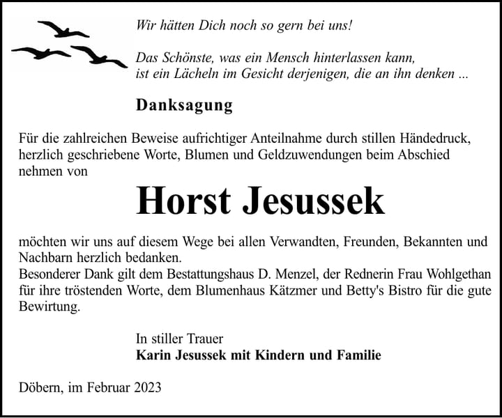 Danksagung Horst Jesussek