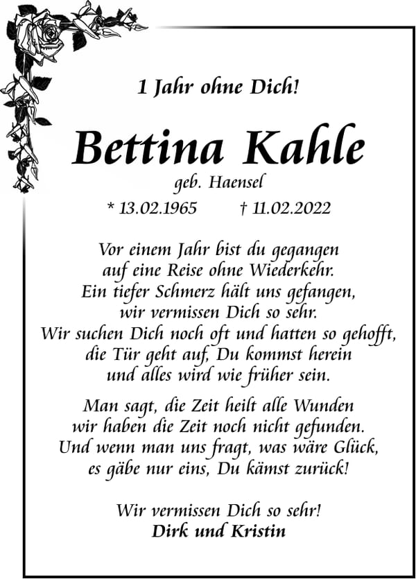 Jahresgedenken Bettina Kahle, geb. Haensel