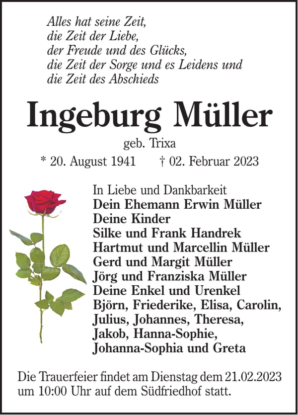 Traueranzeige Ingeburg Müller, geb. Trixa