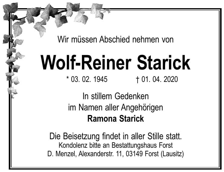 Traueranzeige Wolf-Reiner Starick