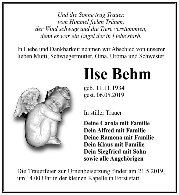 Traueranzeige Ilse Behm