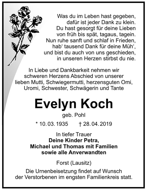 Traueranzeige Evelyn Koch, geb. Pohl