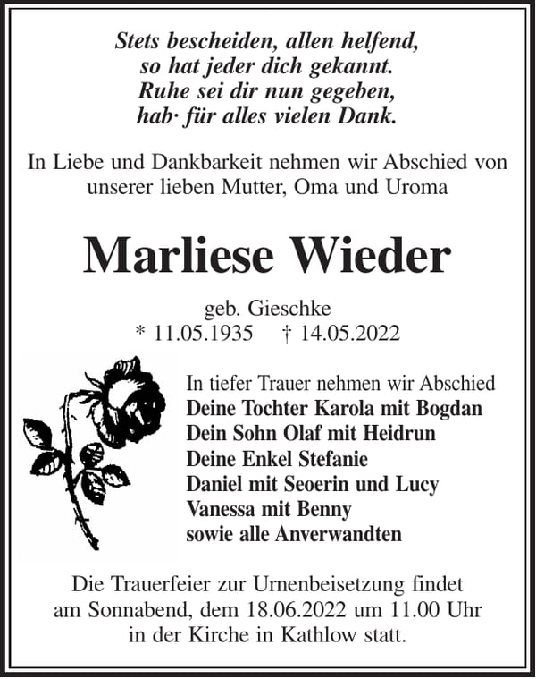 Traueranzeige Marliese Wieder, geb. Gieschke
