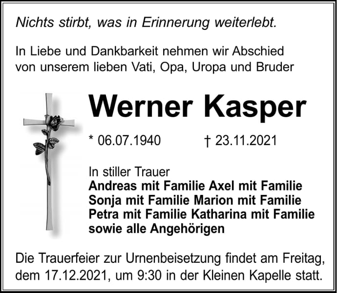 Traueranzeige Werner Kasper