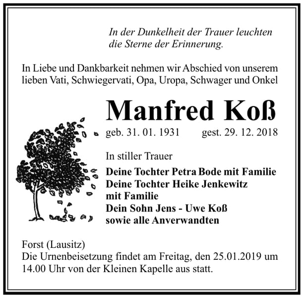 Traueranzeige Manfred Koß