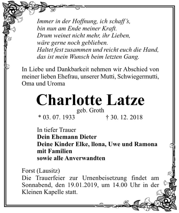 Traueranzeige Charlotte Latze, geb. Groth