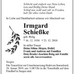 Traueranzeige Irmgard Schießke, geb. Bohg