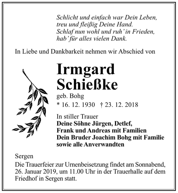 Traueranzeige Irmgard Schießke, geb. Bohg