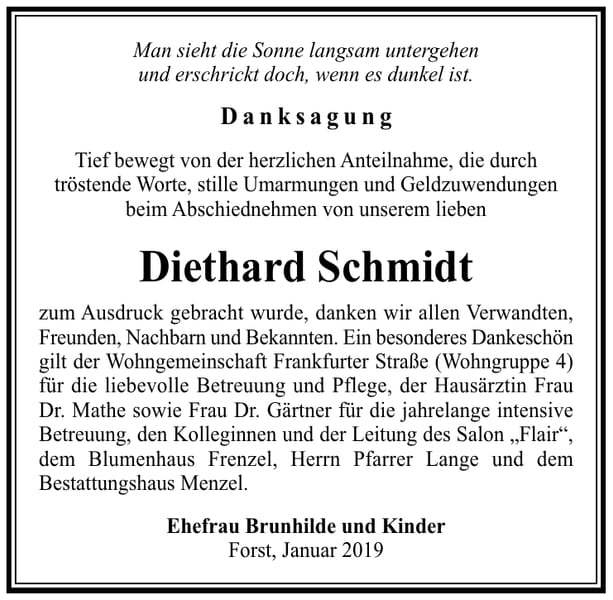 Danksagung Diethard Schmidt