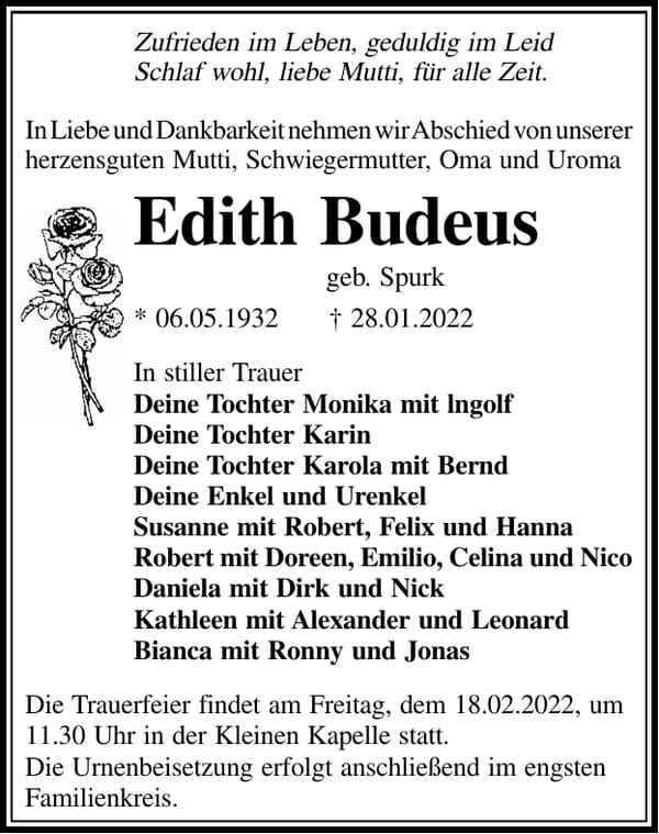 Traueranzeige Edith Budeus, geb. Spurk