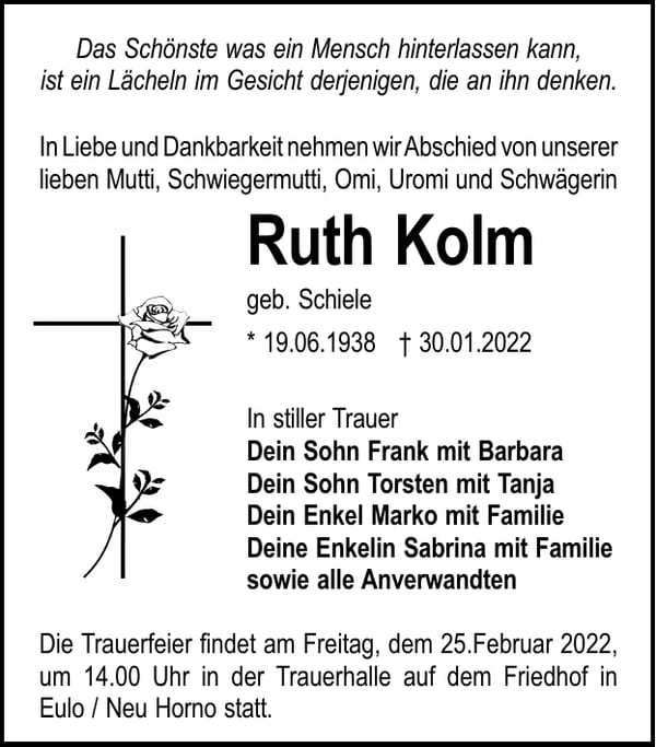 Traueranzeige Ruth Kolm, geb. Schiele