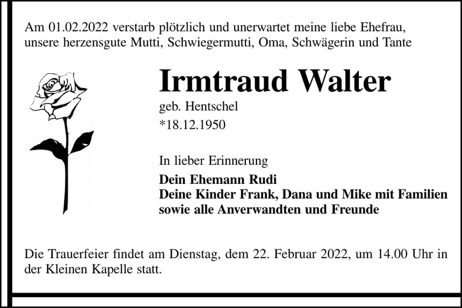 Traueranzeige Irmtraud Walter, geb. Hentschel