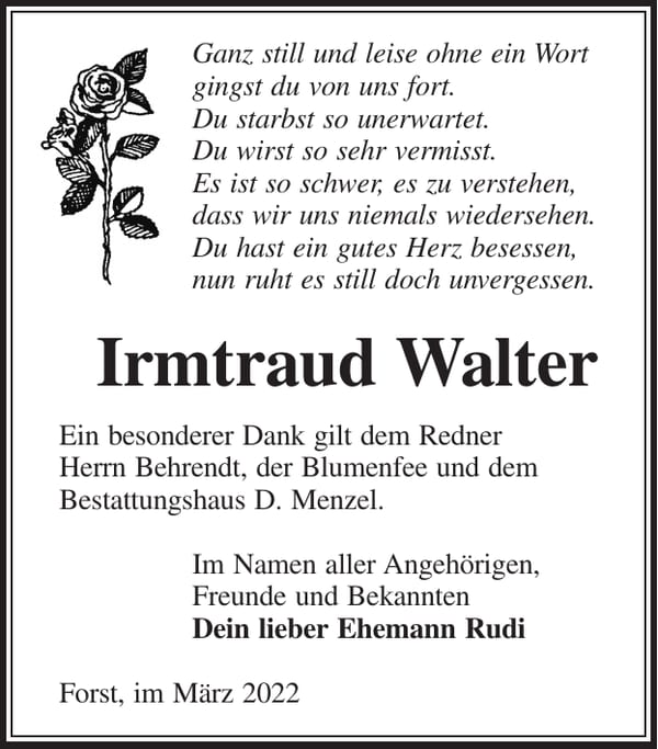 Danksagung Irmtraud Walter