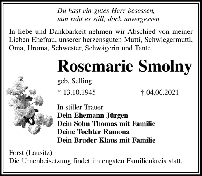 Traueranzeige Rosemarie Smolny, geb. Selling