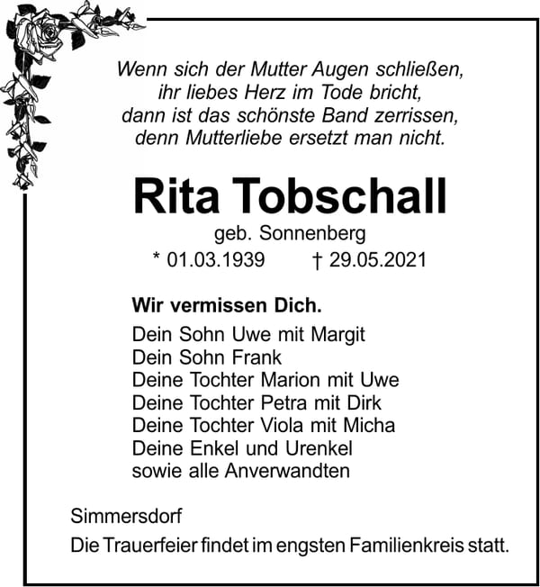 Traueranzeige Rita Tobschall, geb. Sonnenberg