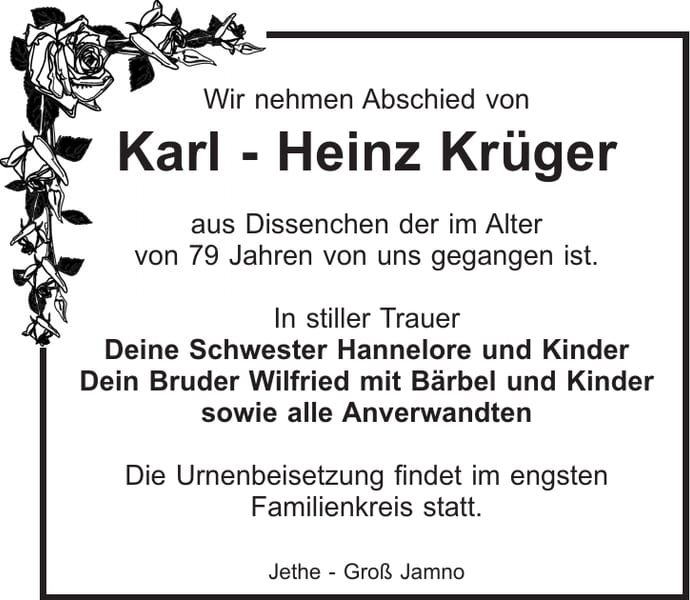 Traueranzeige Karl - Heinz Krüger