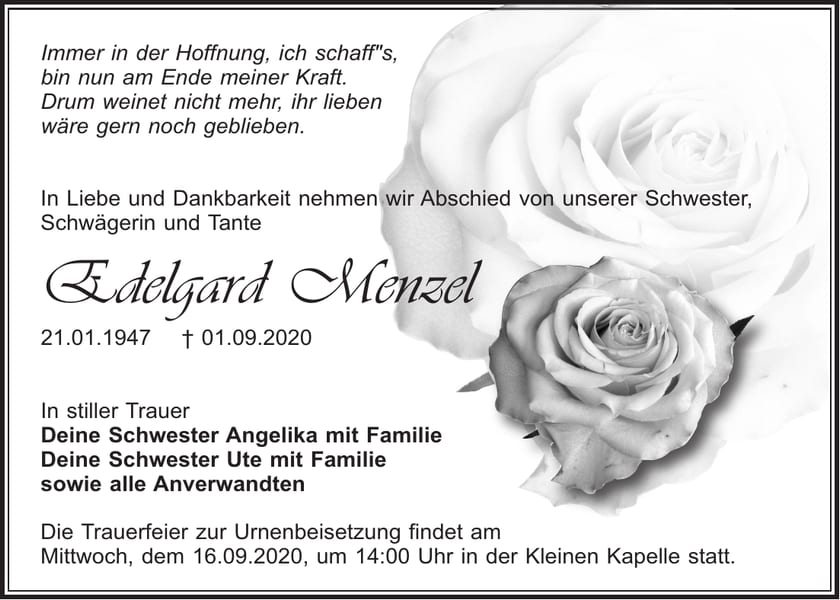 Traueranzeige Edelgard Menzel