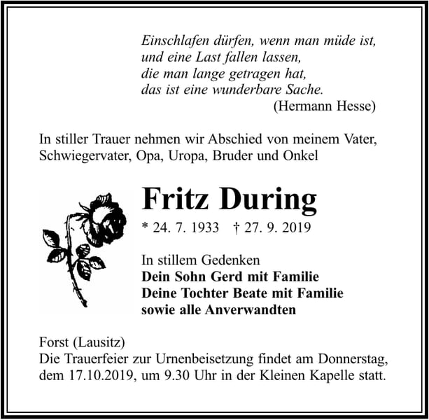 Traueranzeige Fritz During