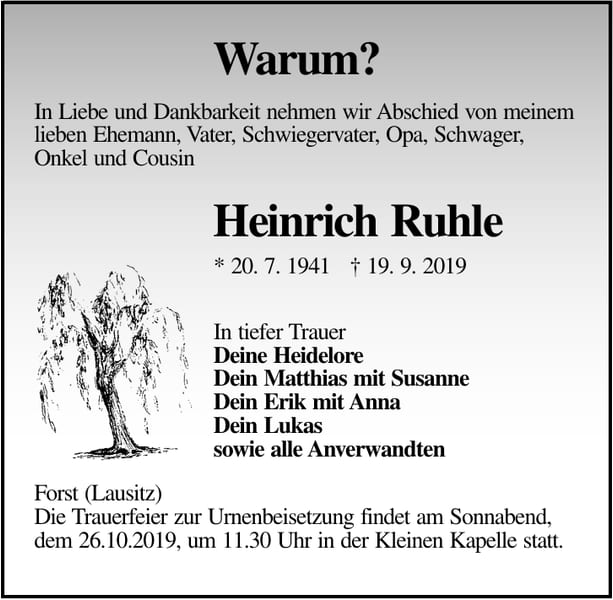 Traueranzeige Heinrich Ruhle