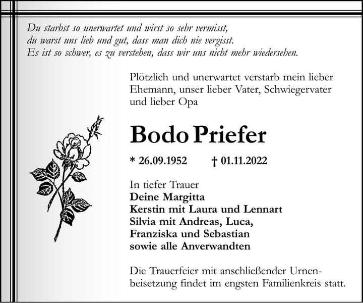 Traueranzeige Bodo Priefer