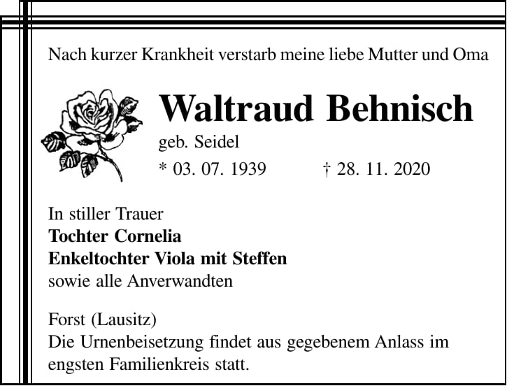 Traueranzeige Waltraud Behnisch, geb. Seidel