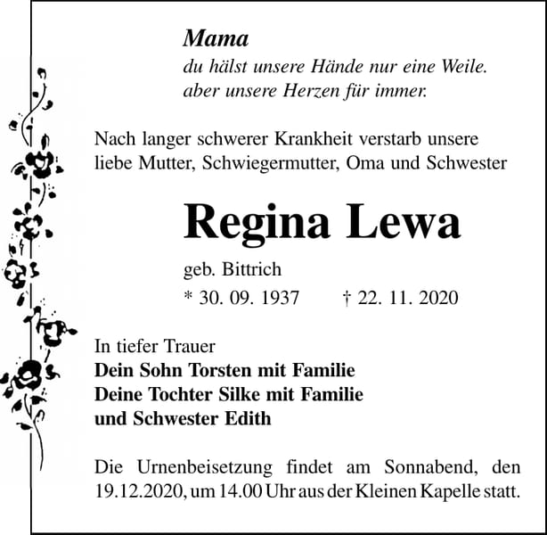 Traueranzeige Regina Lewa, geb. Bittrich