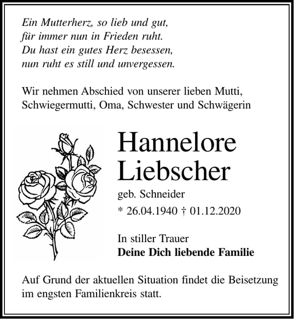 Traueranzeige Hannelore Liebscher, geb. Schneider