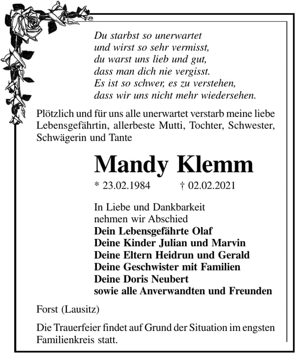 Traueranzeige Mandy Klemm