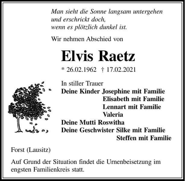 Traueranzeige Elvis Raetz
