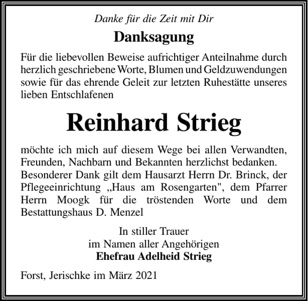 Danksagung Reinhard Strieg