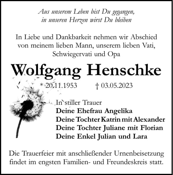 Traueranzeige Wolfgang Henschke