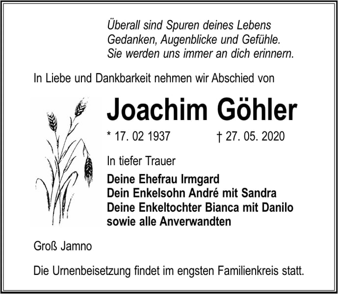 Traueranzeige Joachim Göhler