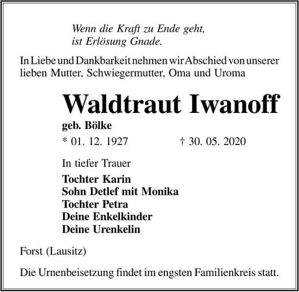 Traueranzeige Waldtraut Iwanoff, geb. Bölke