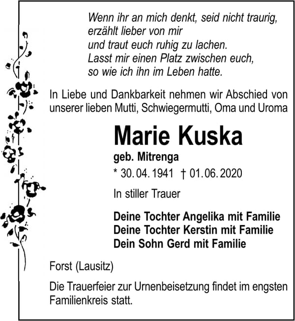 Traueranzeige Marie Kuska, geb. Mitrenga