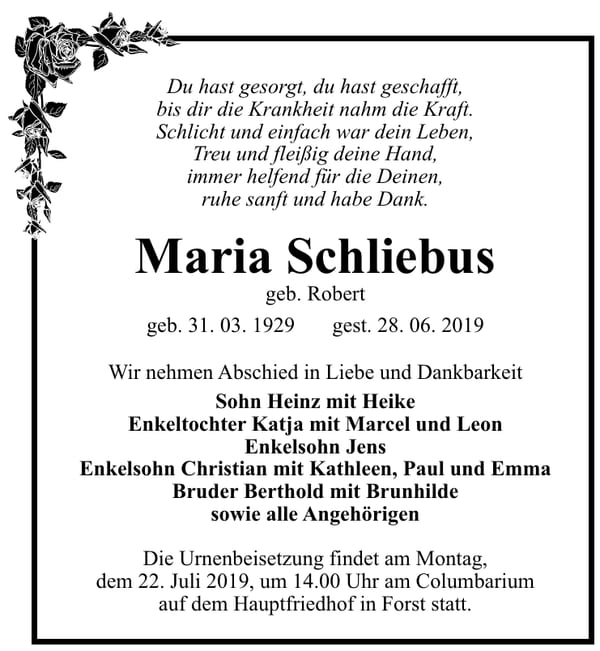 Traueranzeige Maria Schliebus, geb. Robert