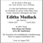 Traueranzeige Editha Mudlack, geb. Sperlich
