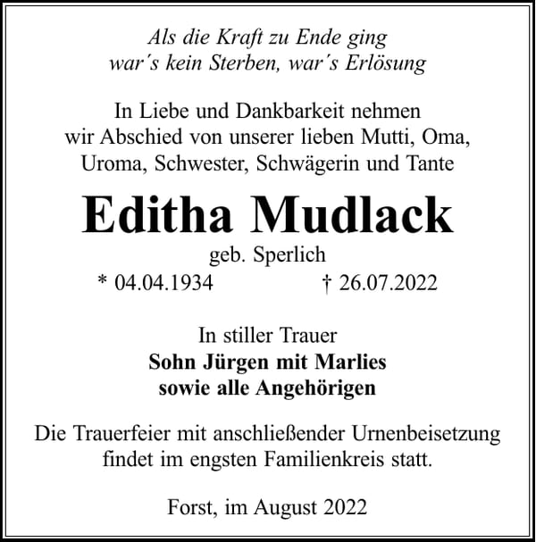 Traueranzeige Editha Mudlack, geb. Sperlich