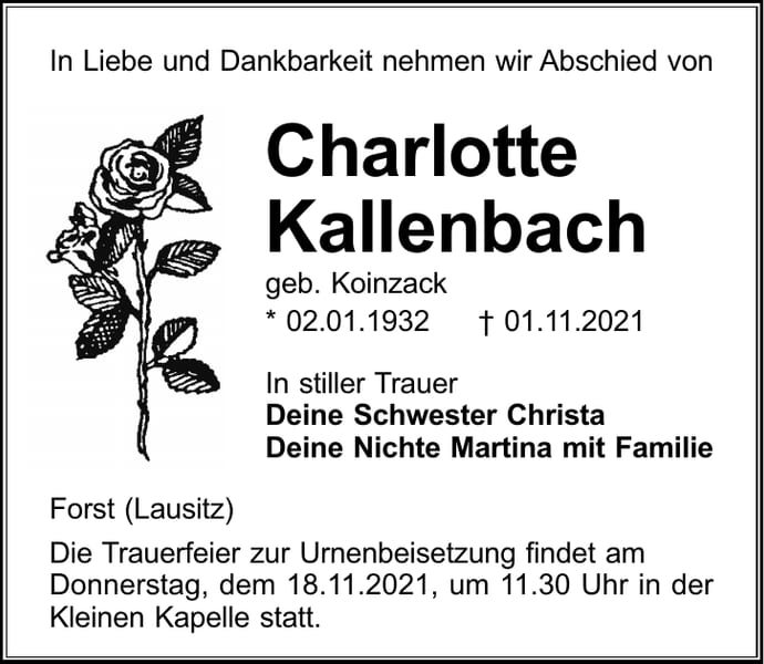 Traueranzeige Charlotte Kallenbach, geb. Koinzack